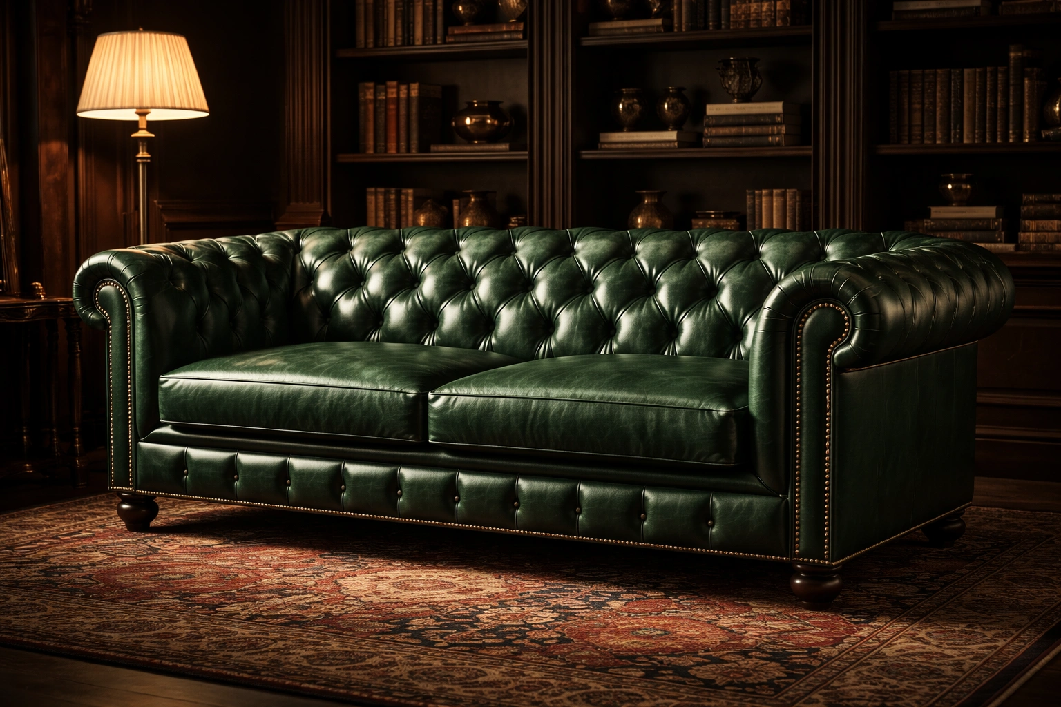 Classic Chesterfield sofa with tufted leather in a styled room