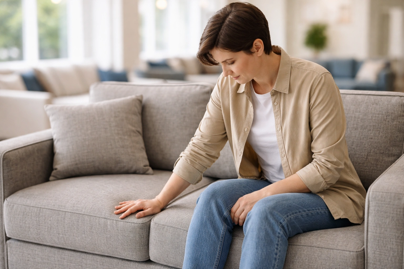 Person testing sofa comfort in a furniture showroom