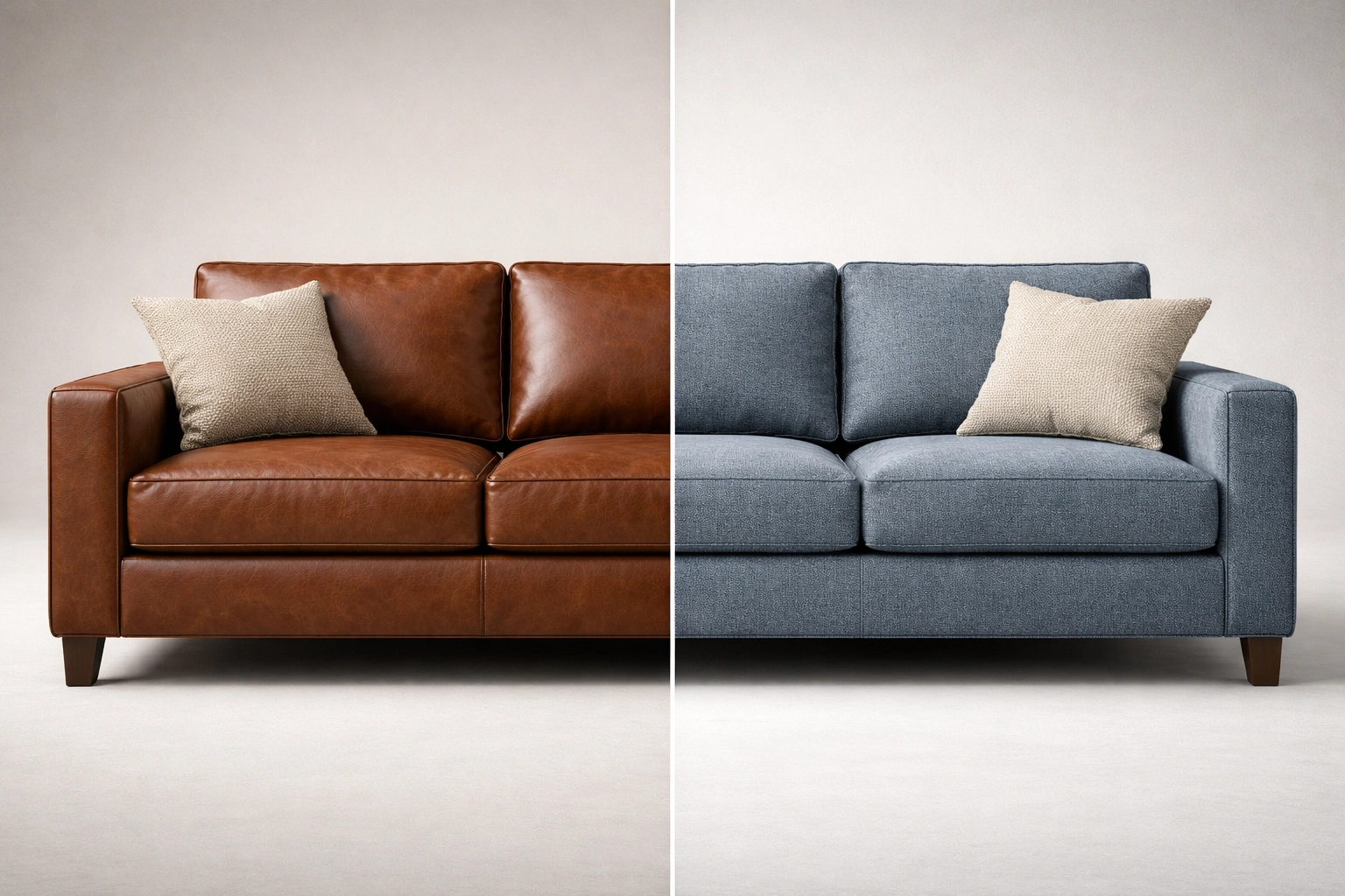 Side by side leather and fabric sofa comparison