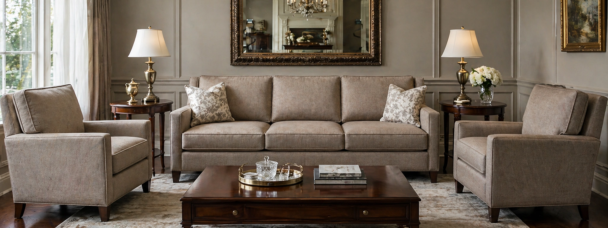 Firm structured sofa in an elegant formal living room setting
