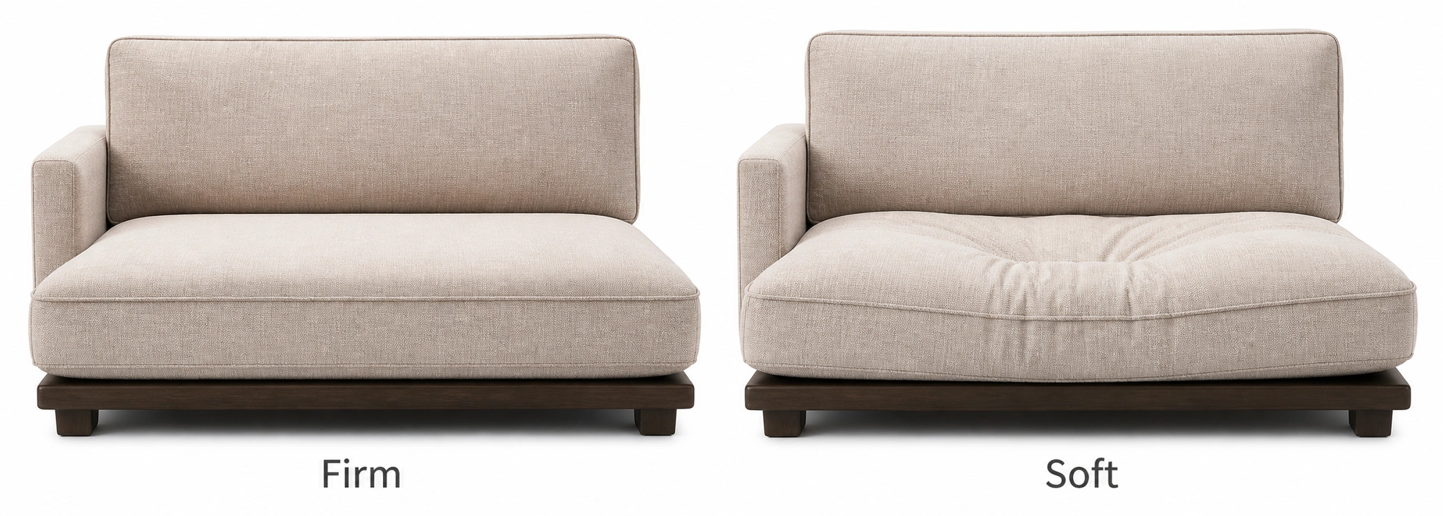 Side by side comparison of firm and soft sofa cushions showing different levels of body support