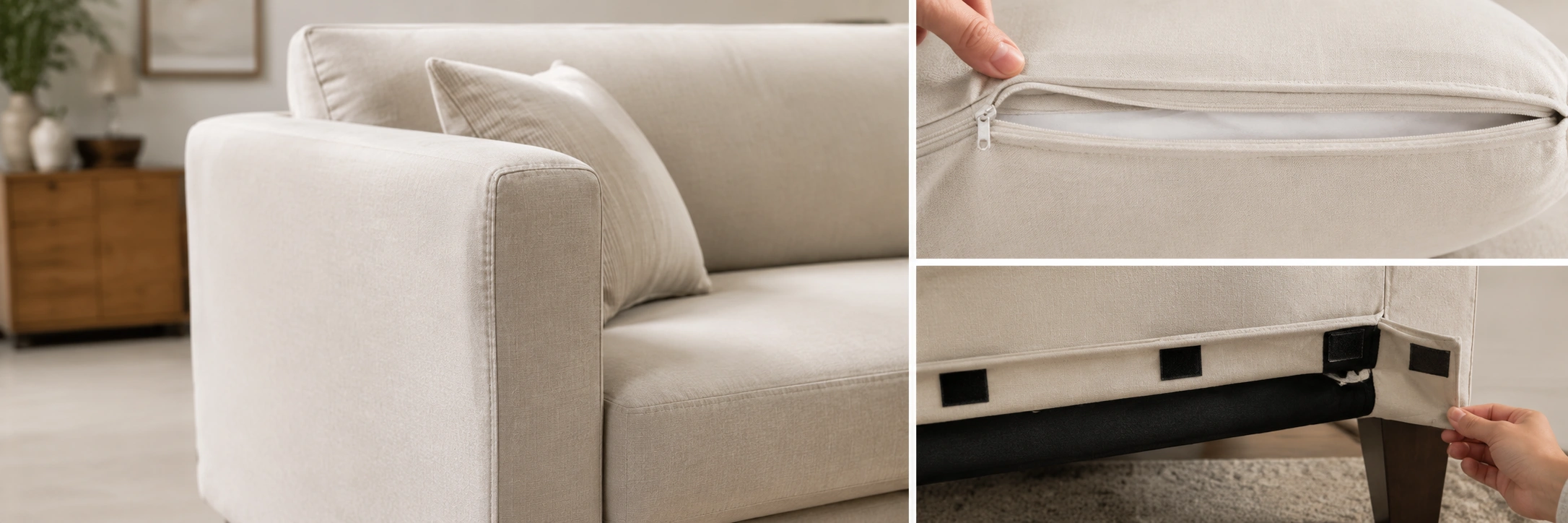 Fitted slipcover sofa with tailored seams closely hugging the frame