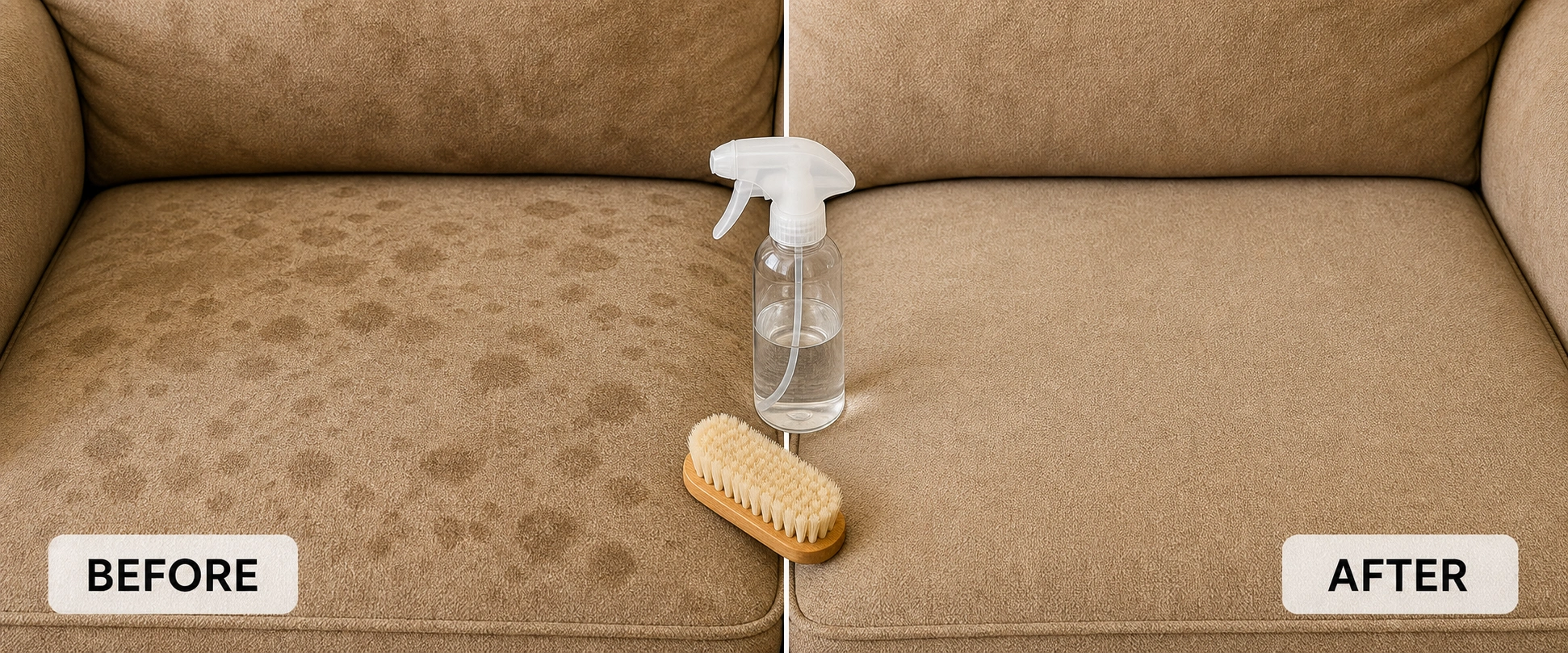 Before and after comparison of fixing water spots on microfiber sofa cushion