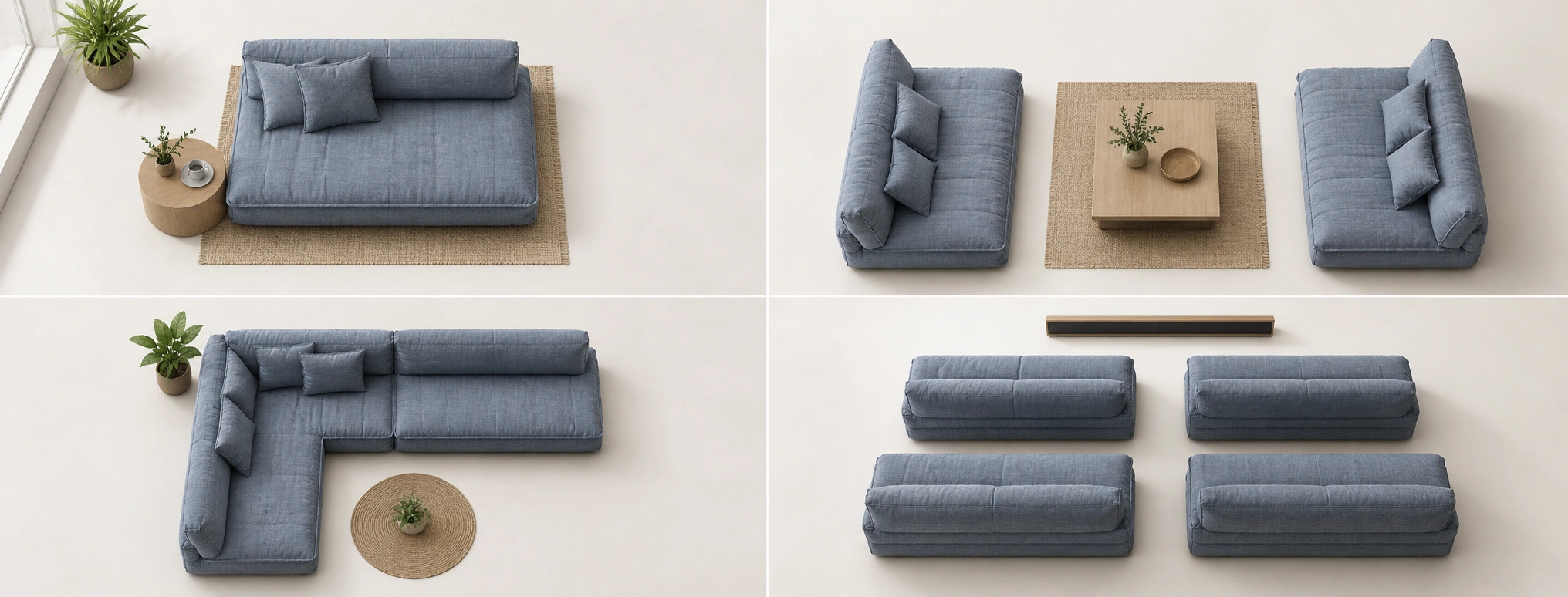 Various floor sofa layout configurations shown from above in different room settings