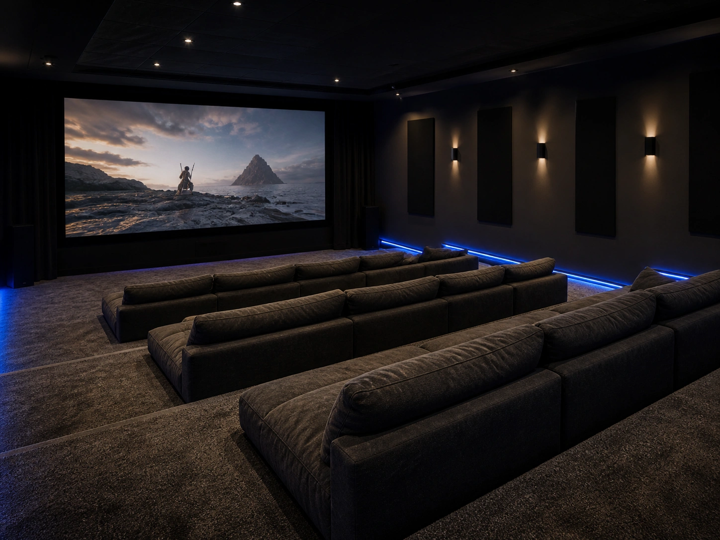 Multiple floor sofas arranged in rows for home theater viewing