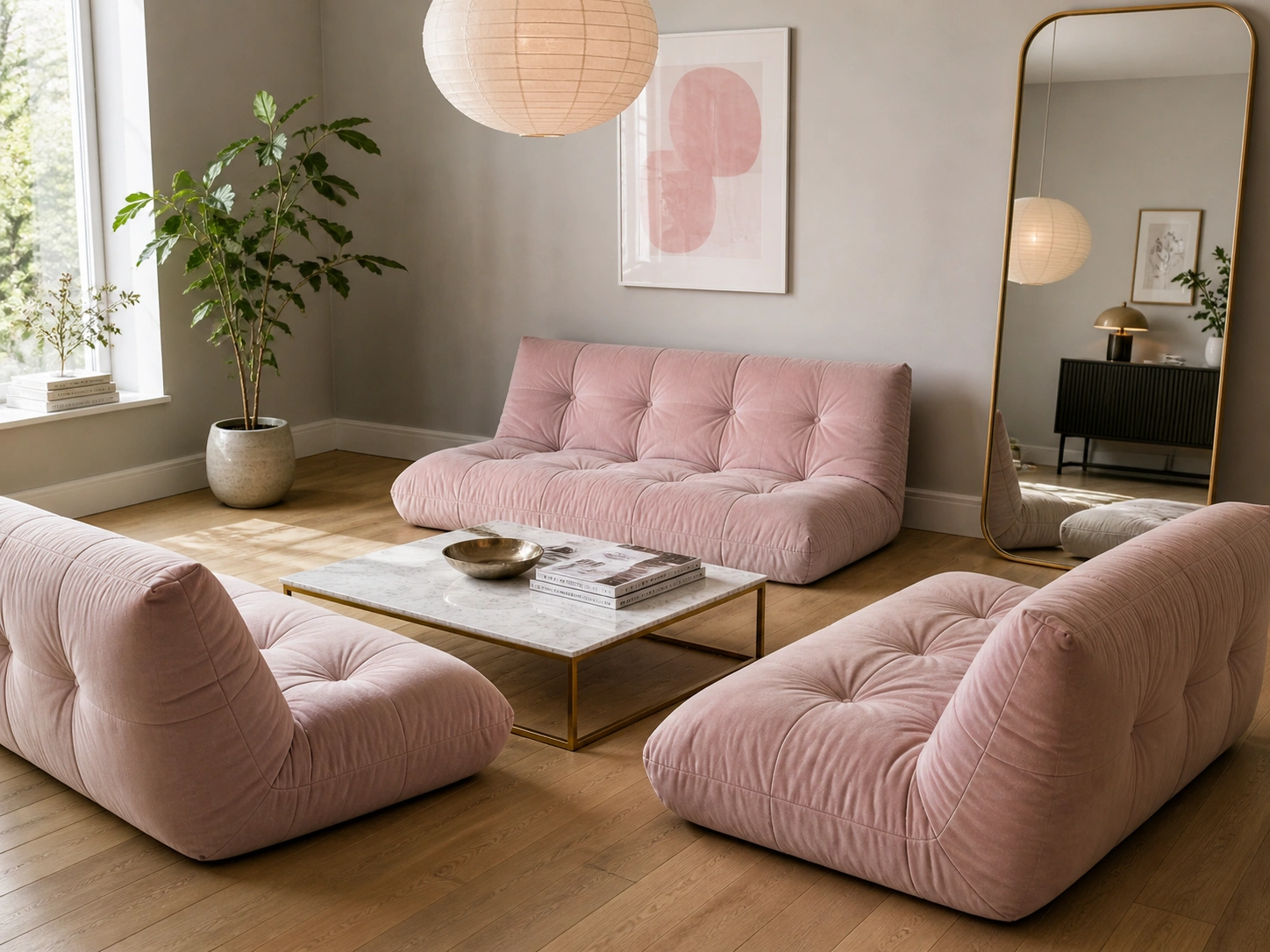 Floor sofa arrangement in a living room with low coffee table