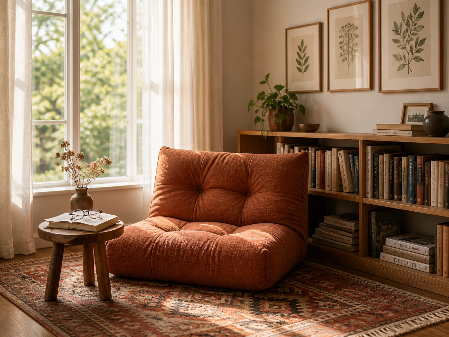 Floor sofa in a cozy reading nook by a window with bookshelves