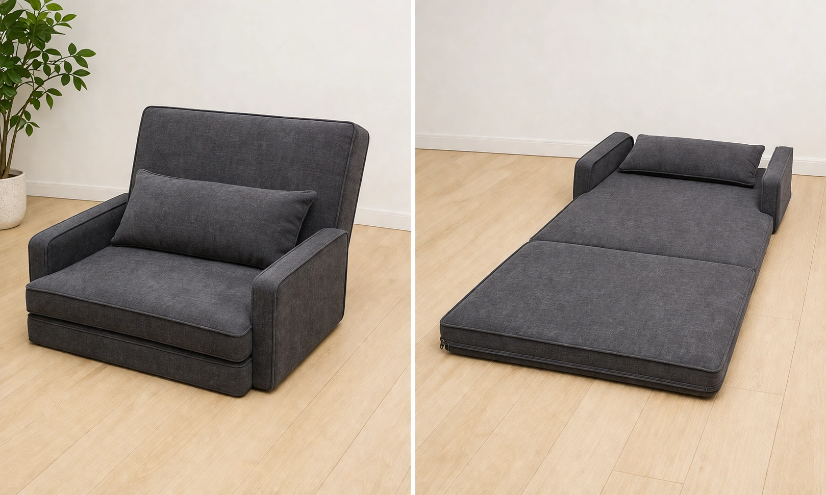 Convertible floor sofa transformed from seated to flat bed position