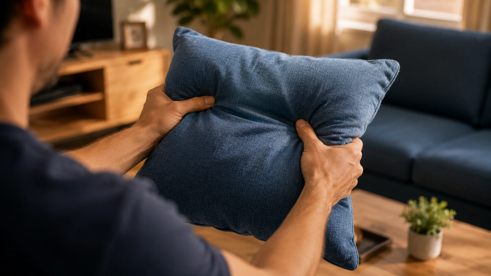 Hands kneading and fluffing a sofa cushion to restore its shape
