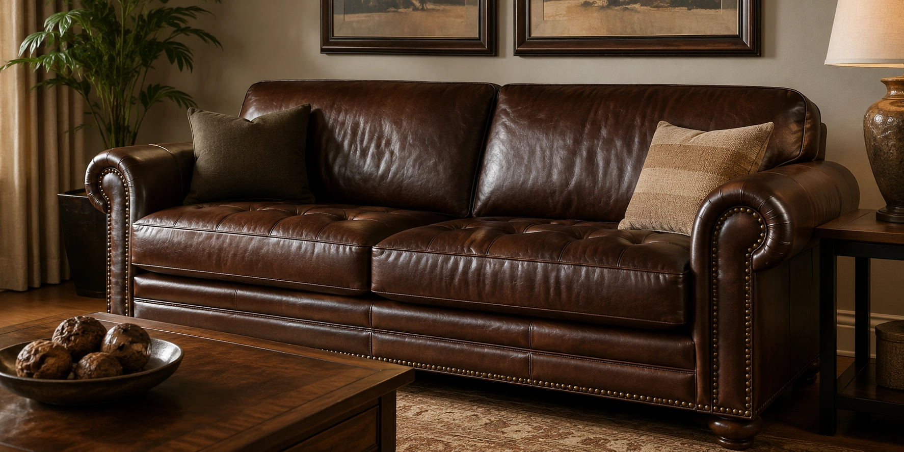 Full-grain leather sofa showing natural grain and rich patina development