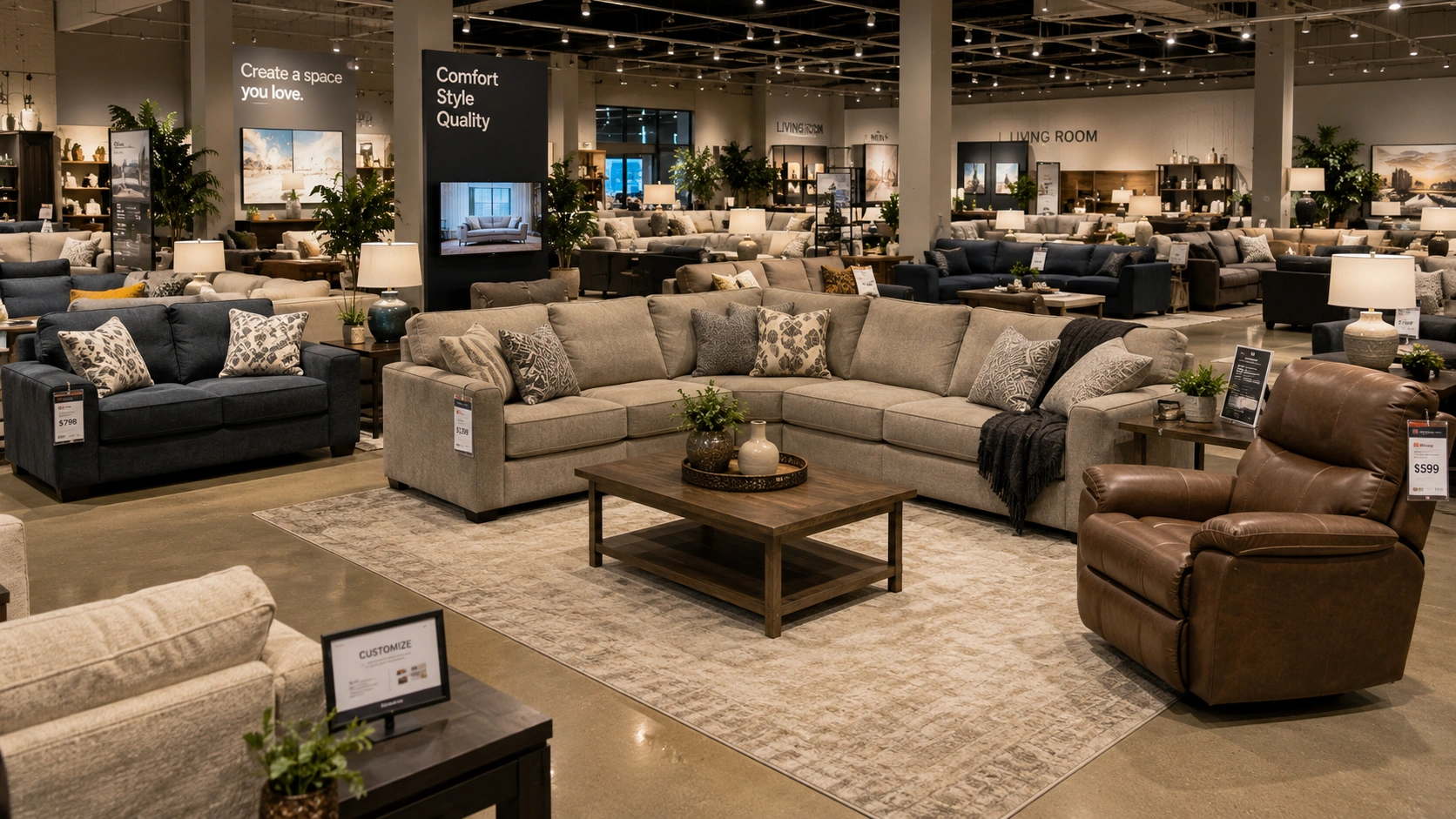 Sofa showroom in a physical furniture store with multiple models on display