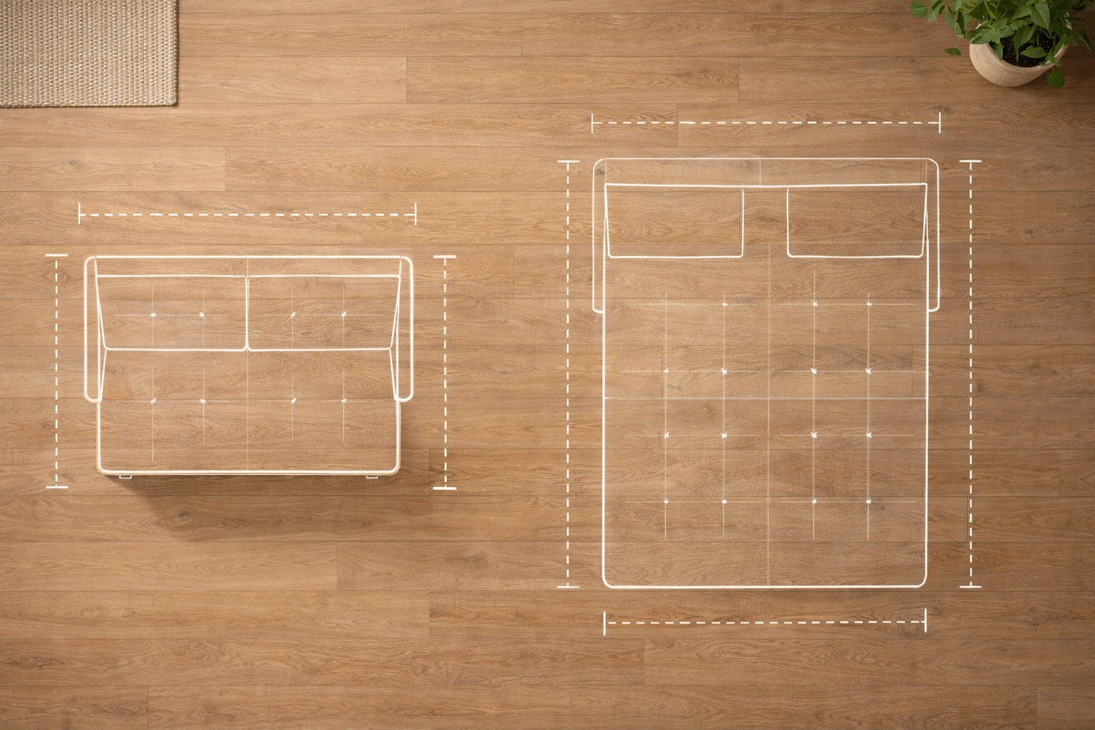 Futon sofa size guide showing dimensions in couch and bed positions