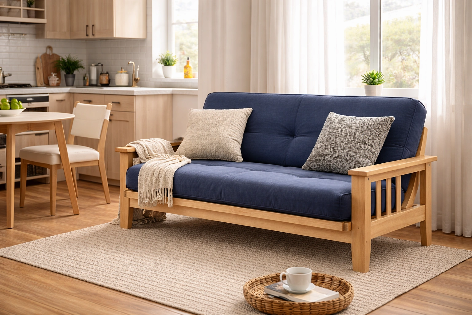 Futon sofa in a small studio apartment