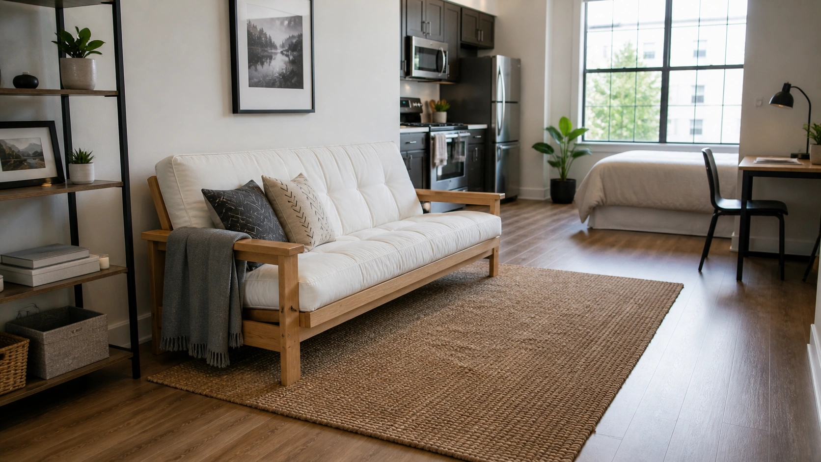 Futon sofa in a minimalist studio apartment setting