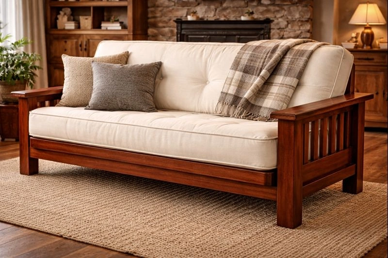 Wooden frame futon sofa in living room