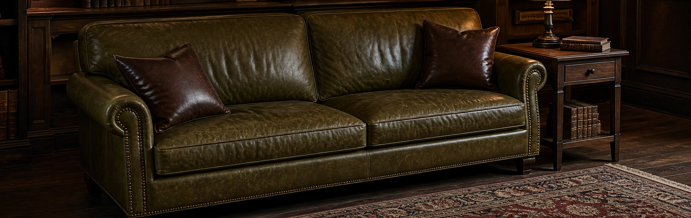 Forest green leather sofa with warm wood accents in a classic study room