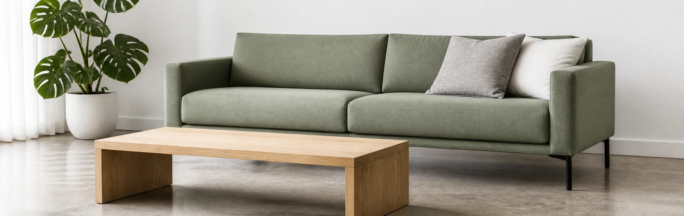 Clean-lined sage green modern sofa in a minimalist bright living room