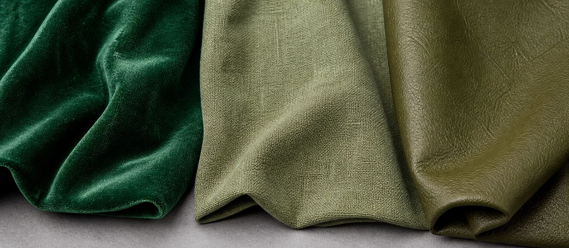 Close-up texture comparison of green velvet, linen, and leather sofa fabrics