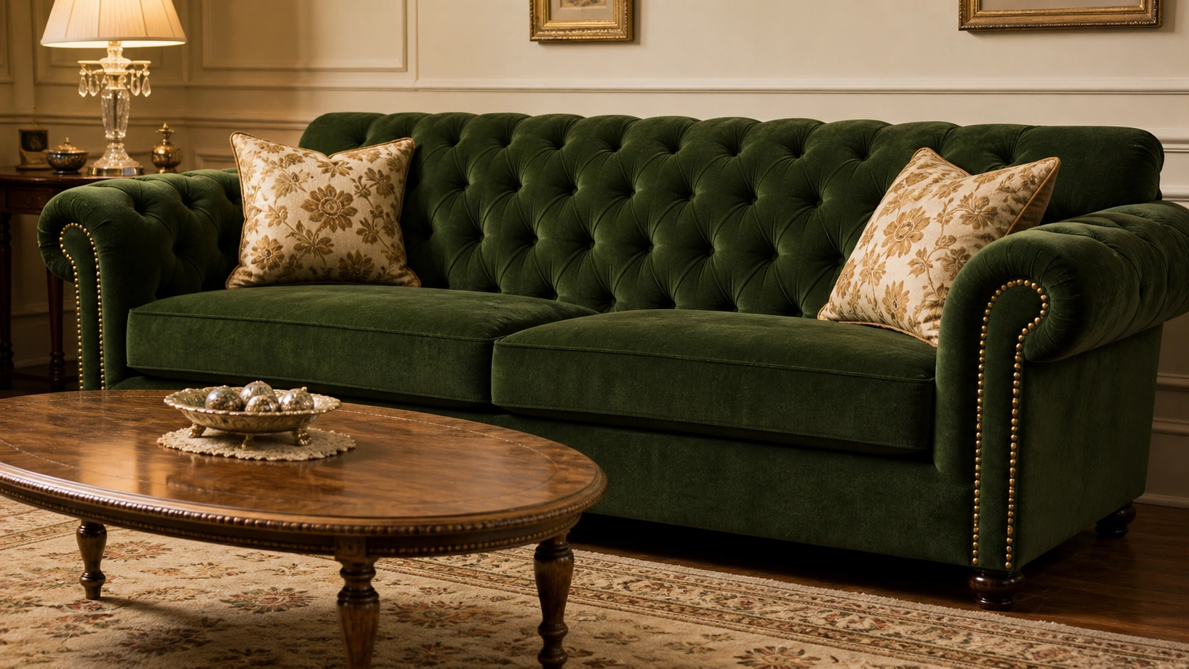 Deep green tufted sofa with brass nailhead trim in a vintage-inspired room