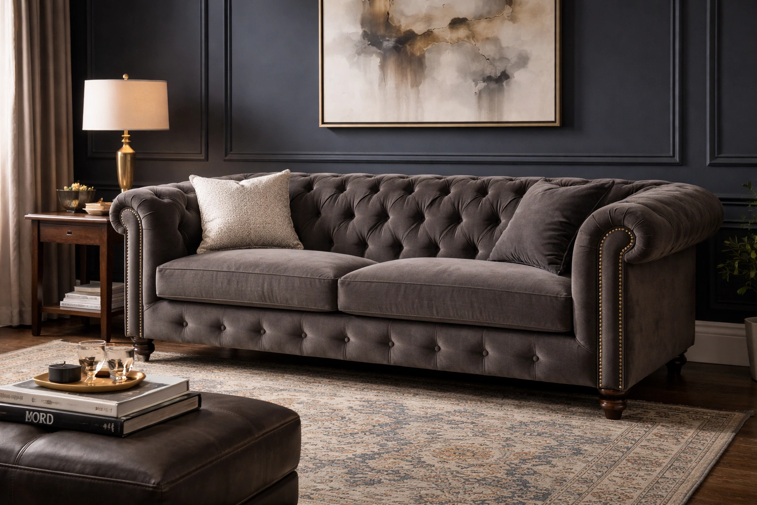 Grey chesterfield sofa with deep button tufting in a classic study