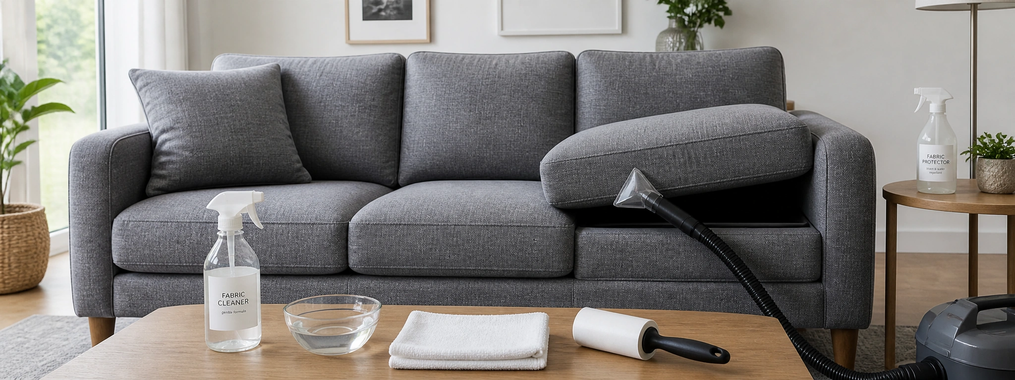 Person cleaning a grey fabric couch with vacuum and fabric cleaner