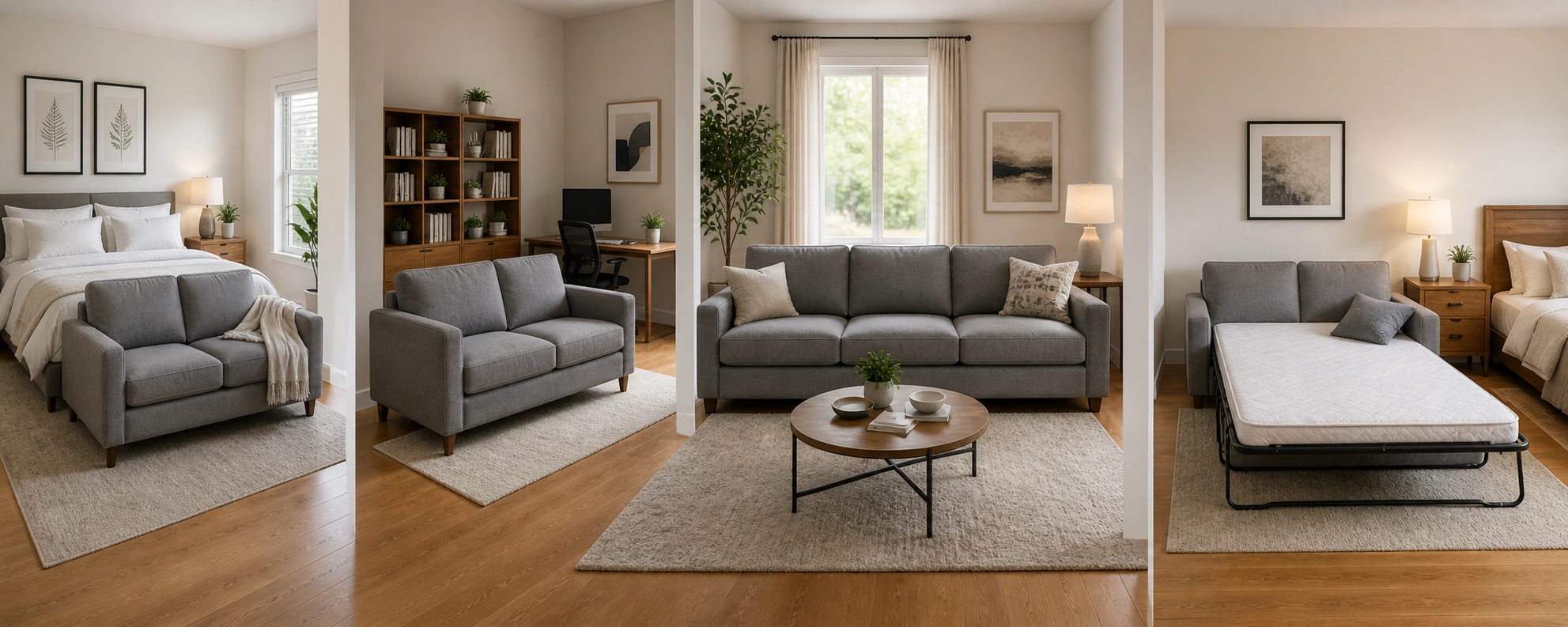 Grey couches shown in living room, bedroom, office and guest room settings