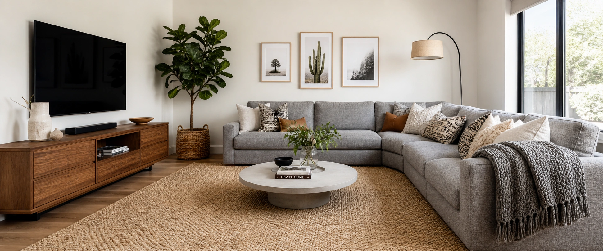Grey couch styled in a modern living room with neutral decor and layered textiles