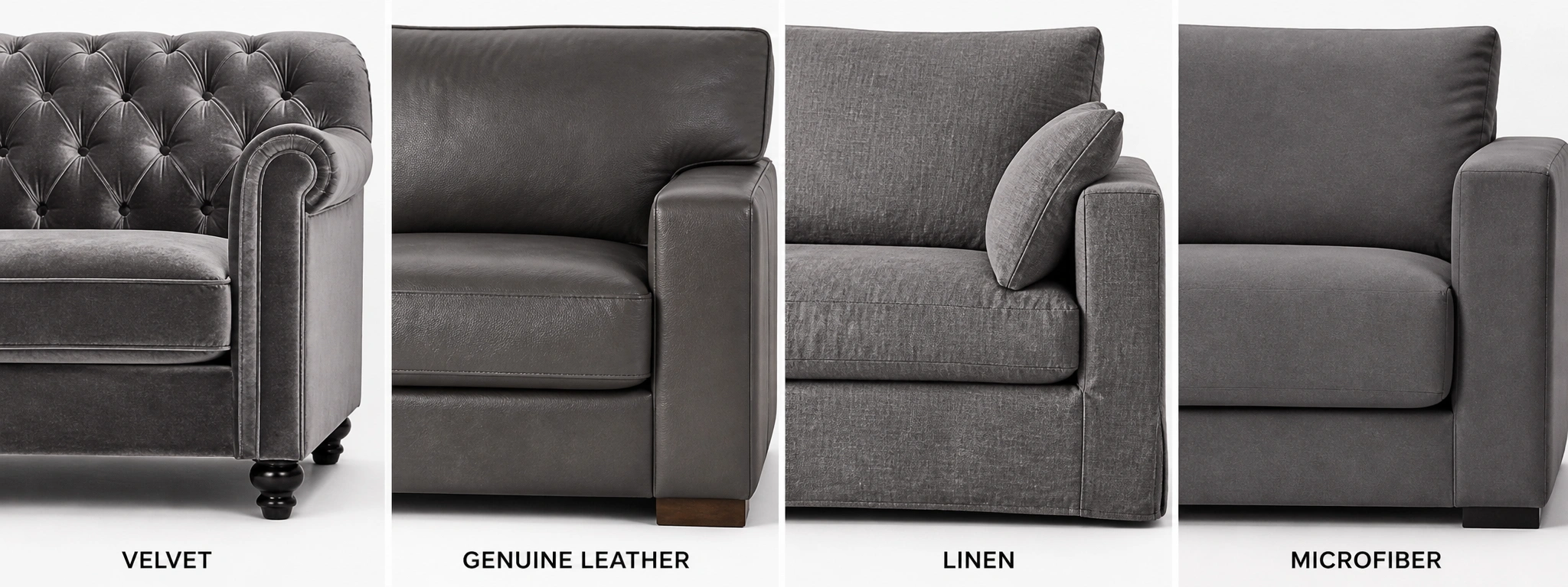 Side by side comparison of grey couch materials including fabric, leather, velvet, and linen