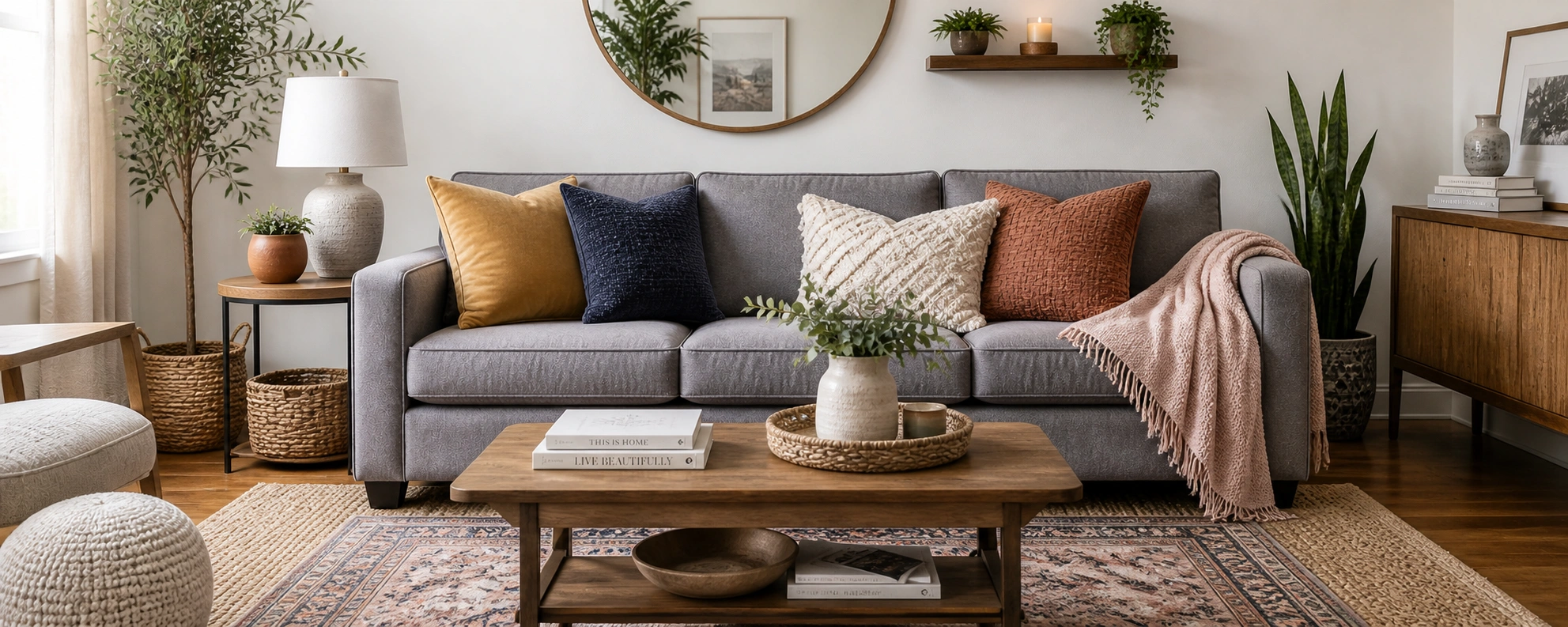 Grey couch decorated with colorful throw pillows, textured blanket, and layered rug