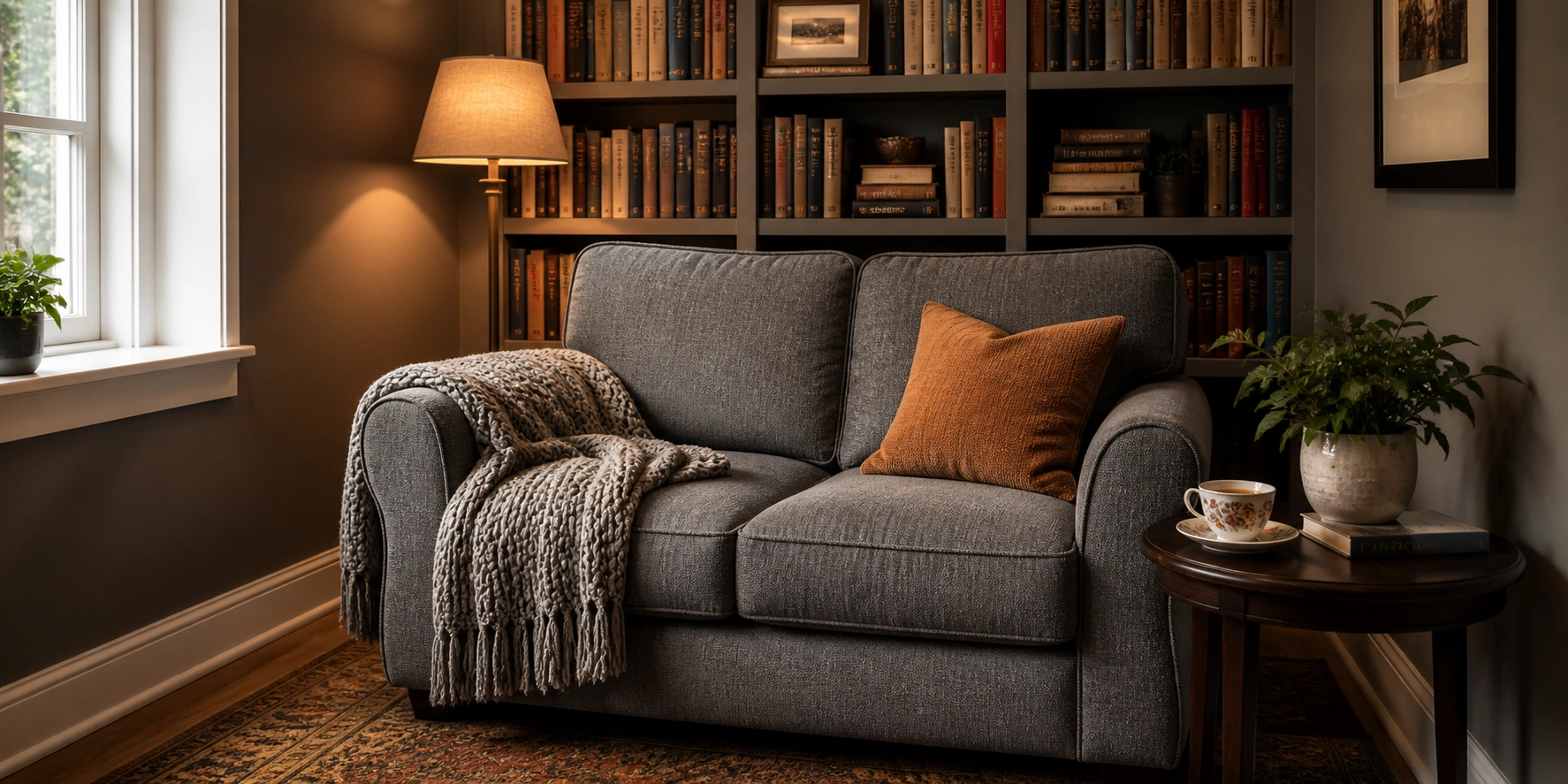 Grey loveseat in a cozy reading nook with bookshelves