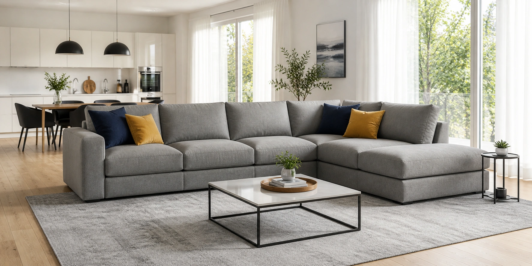 Grey sectional sofa arranged in an L-shape in a spacious living room