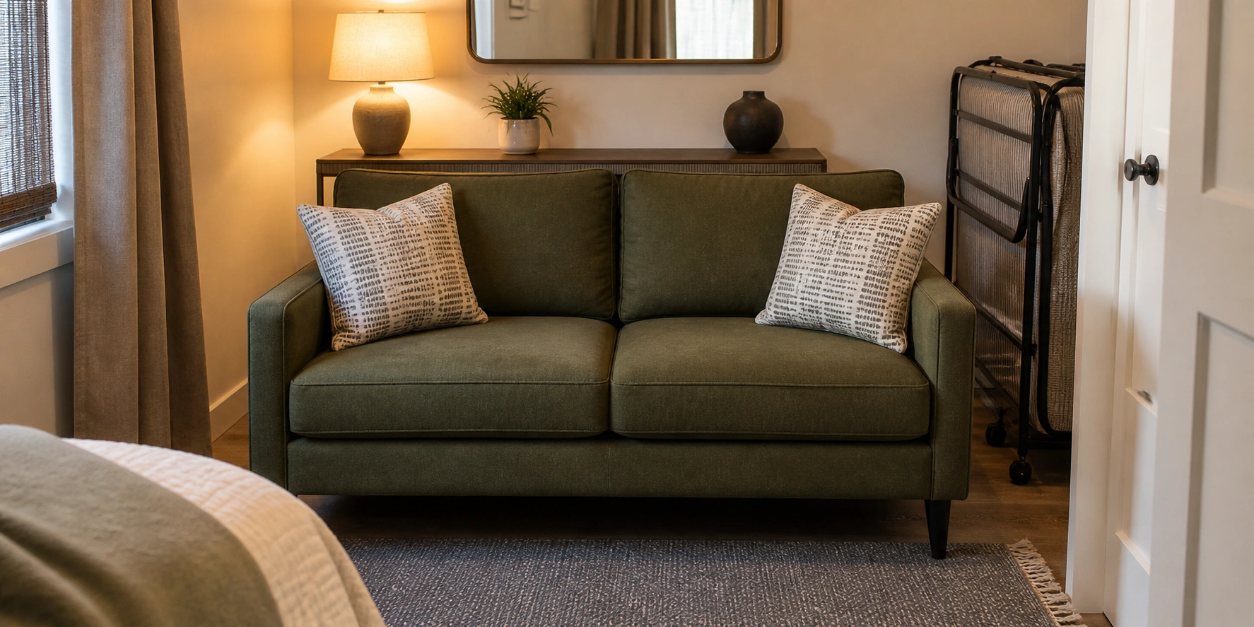 Compact loveseat in a small guest room with accent pillows