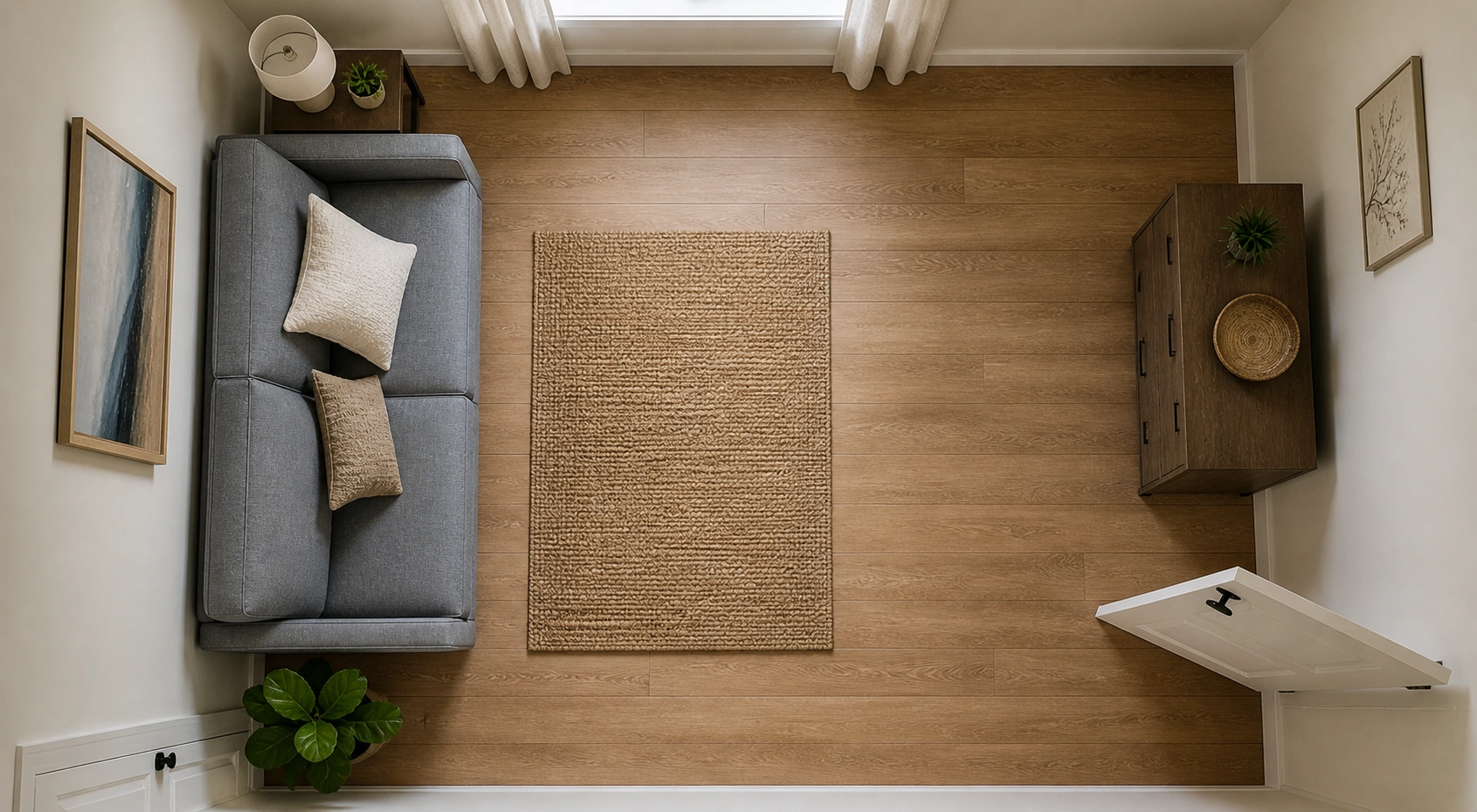 Top-down floor plan showing optimal sofa placement in a guest room