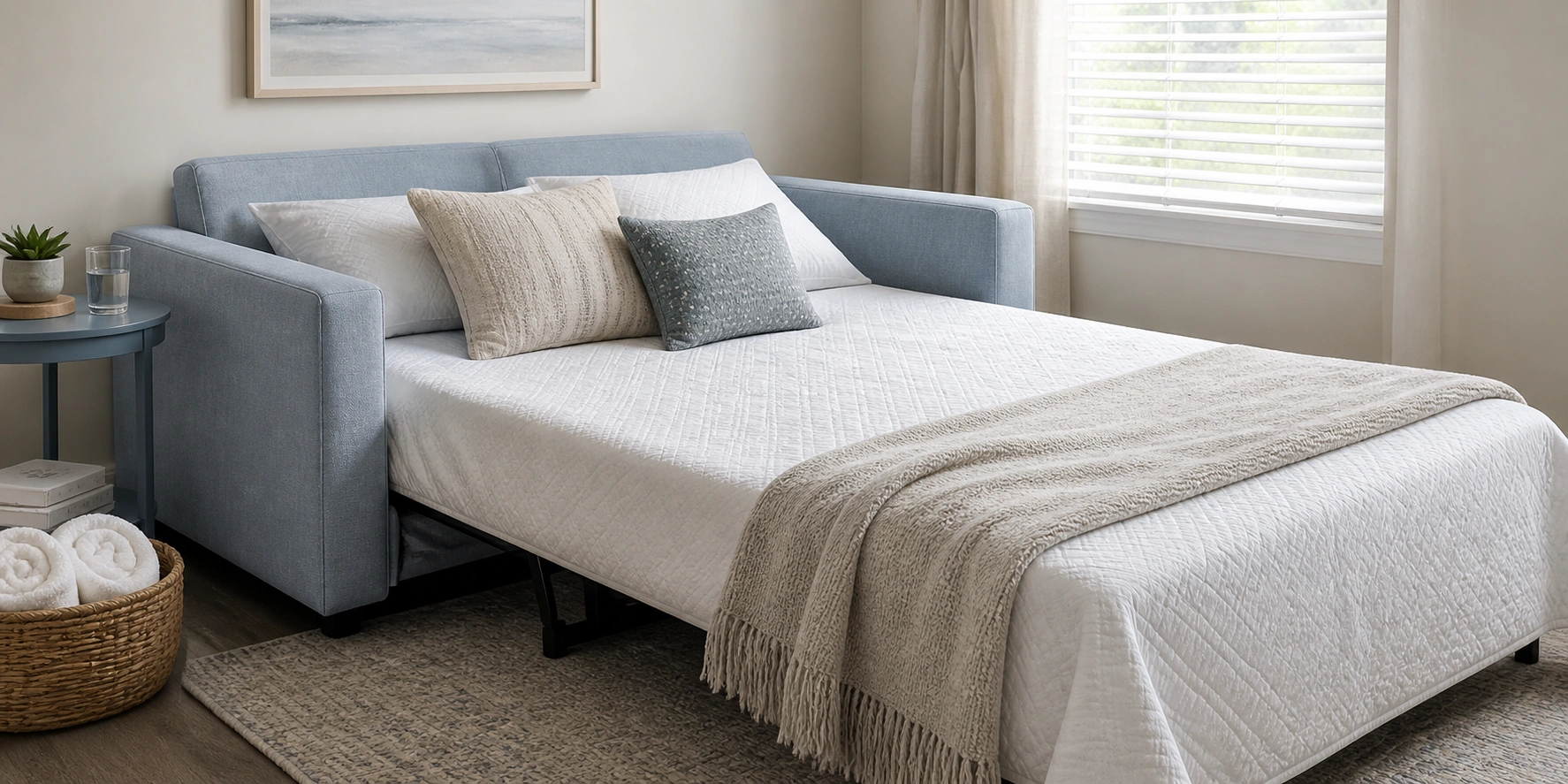 Well-arranged guest room with a comfortable sofa bed, side table, and soft lighting
