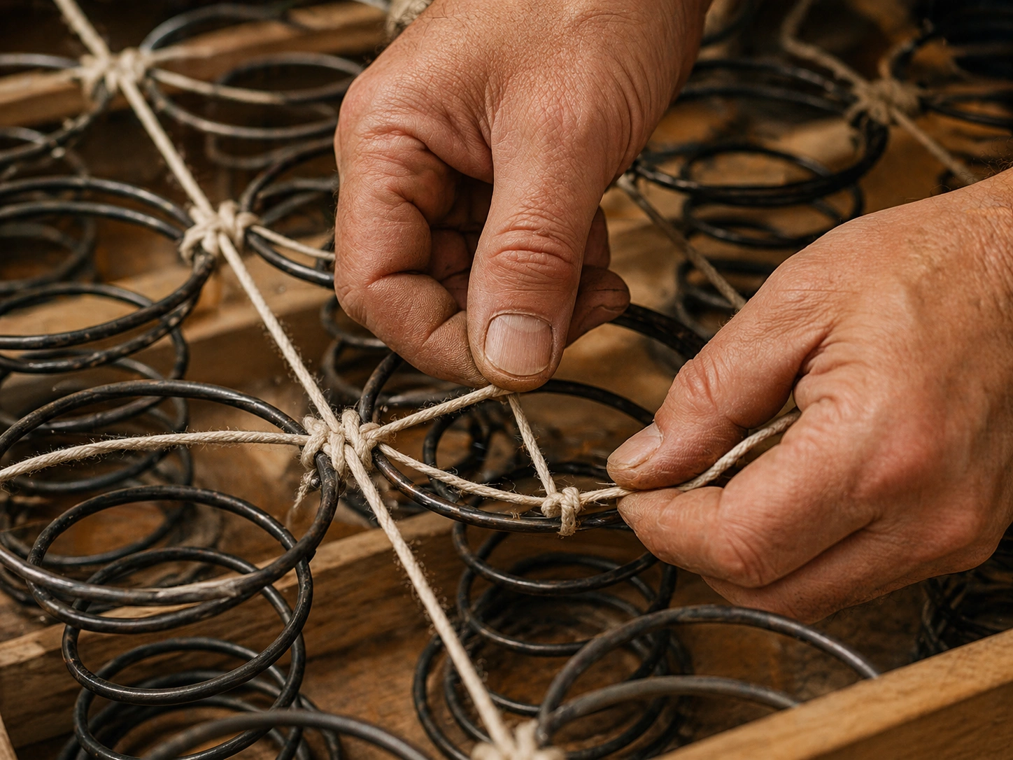 Close-up of craftsman hand-tying sofa springs with twine