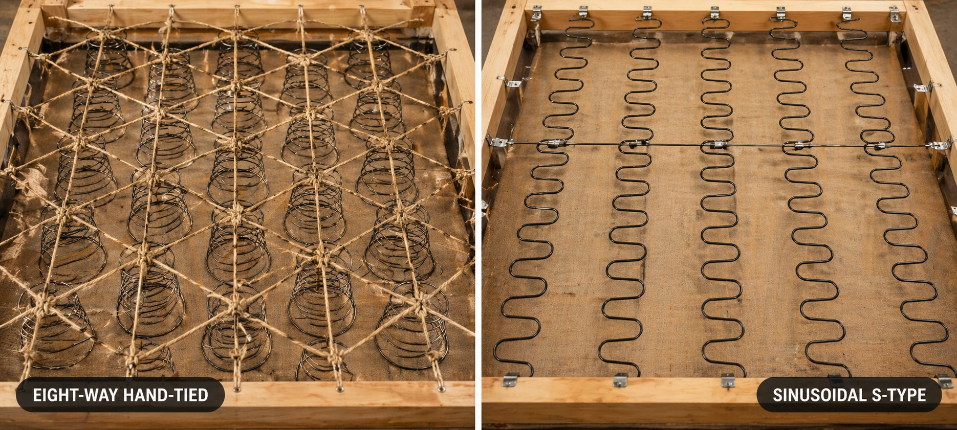 Close-up comparison of hand-tied spring knots versus sinuous S-spring clips on sofa frame