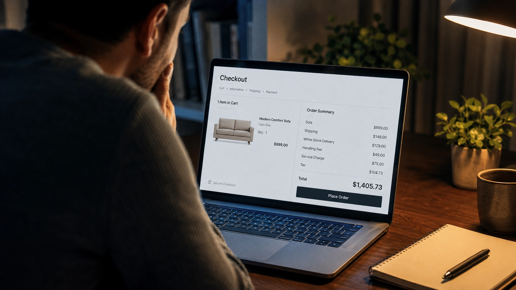 Online checkout screen showing hidden fees appearing at final payment step