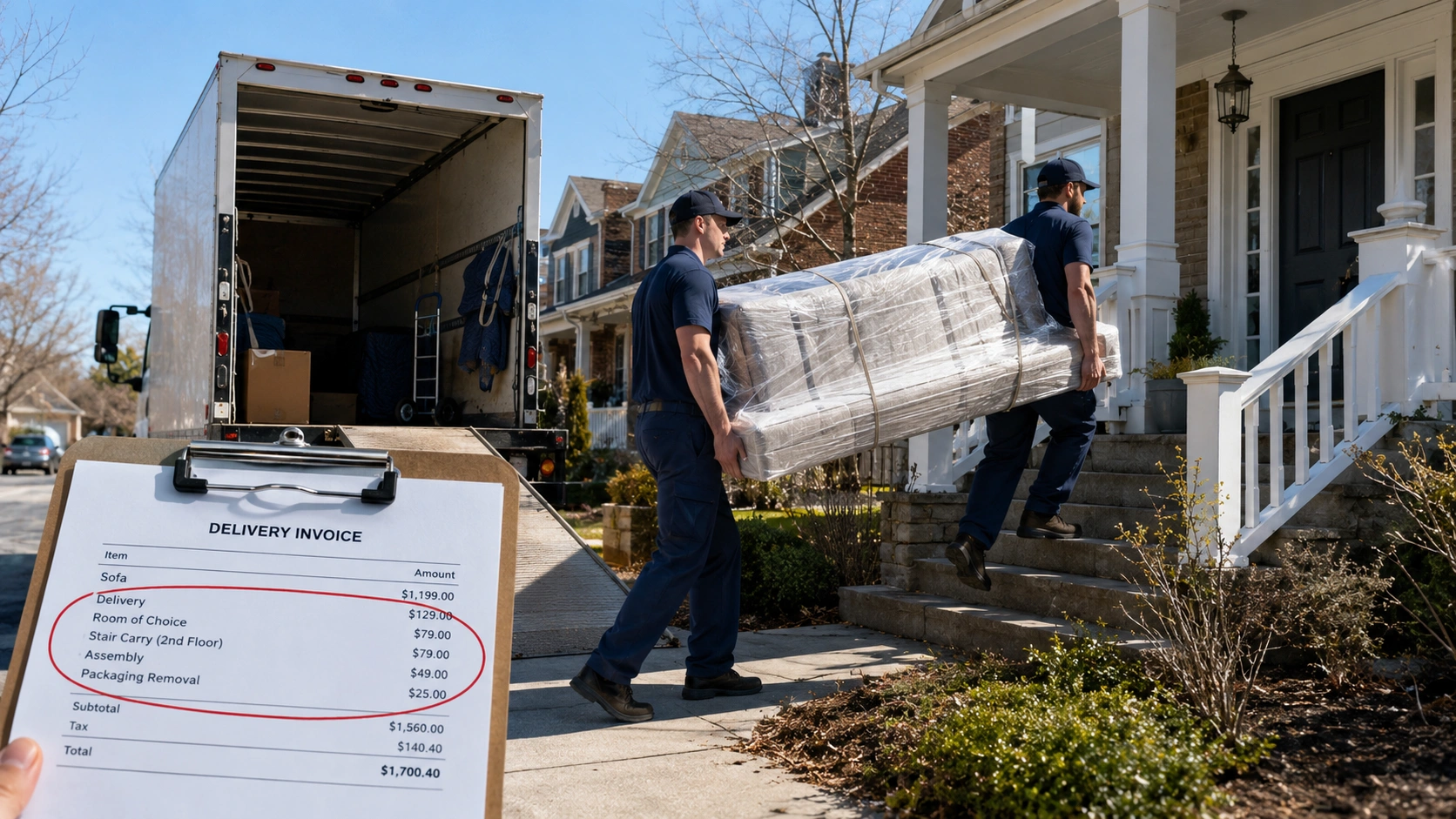 Delivery truck carrying sofa with cost overlay showing delivery fee breakdown