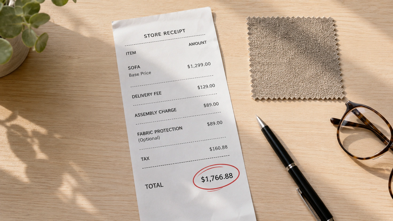 Receipt showing sofa price breakdown with hidden fees highlighted