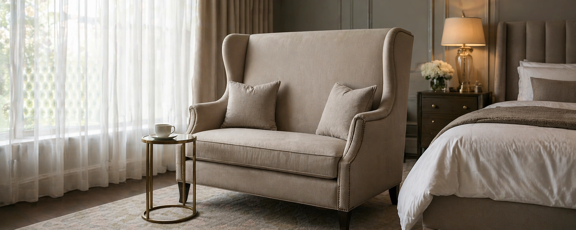 High back sofa in a master bedroom sitting area