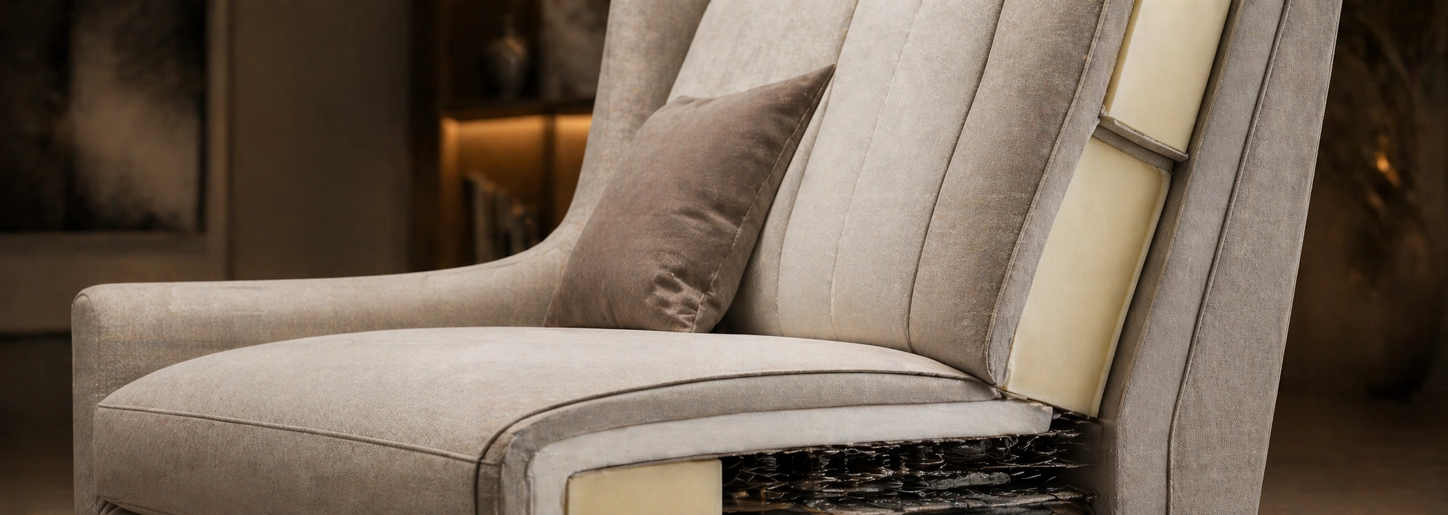 Close up detail of high back sofa cushion construction showing firm support and back angle