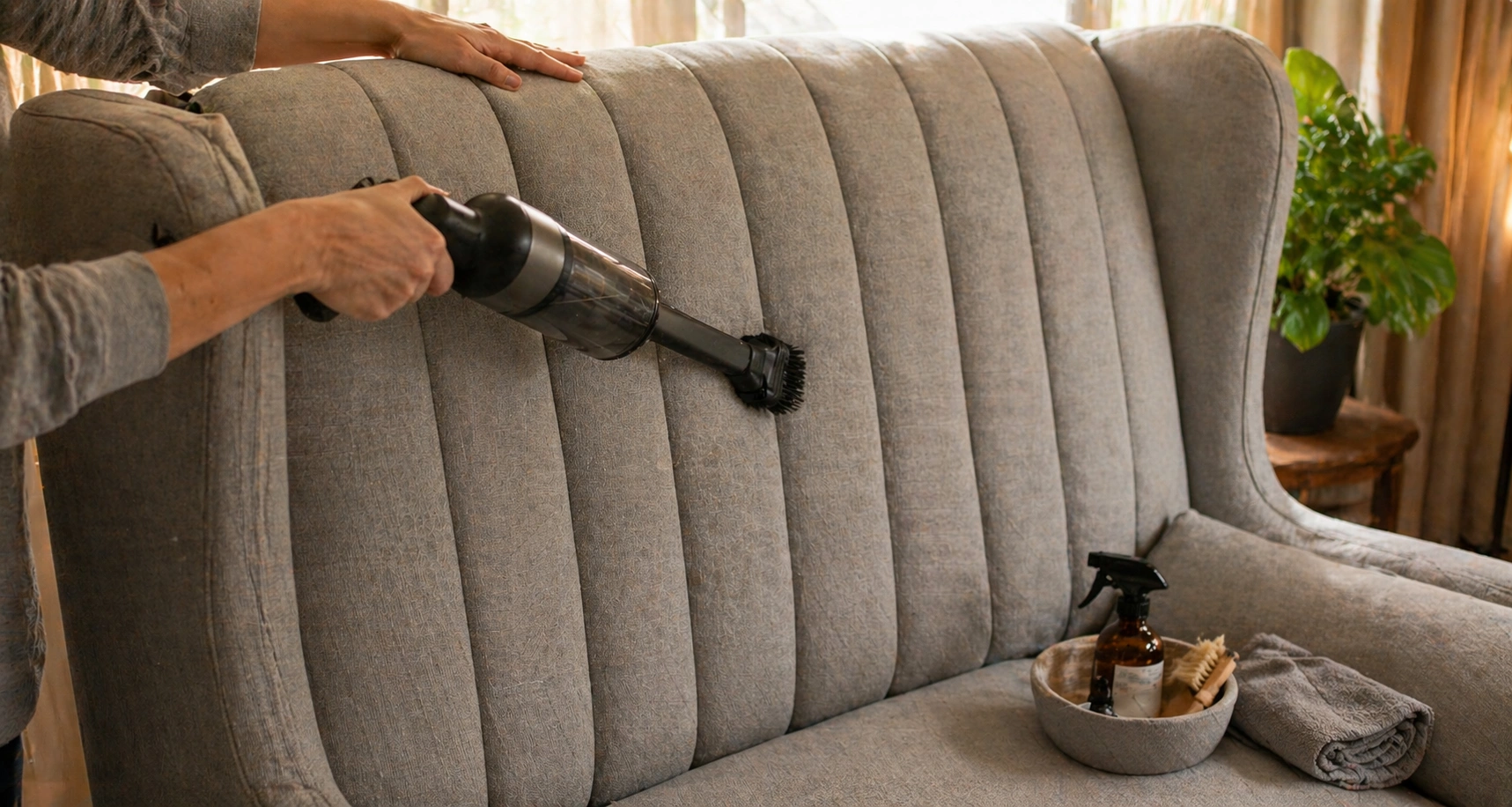 Person maintaining a high back sofa by vacuuming and conditioning the tall backrest
