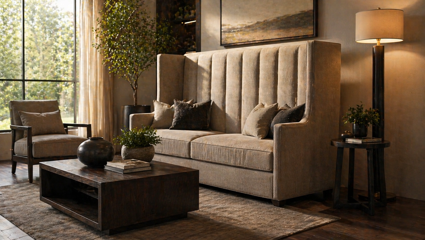 High back sofa showing tall backrest providing full upper body support in a modern living room
