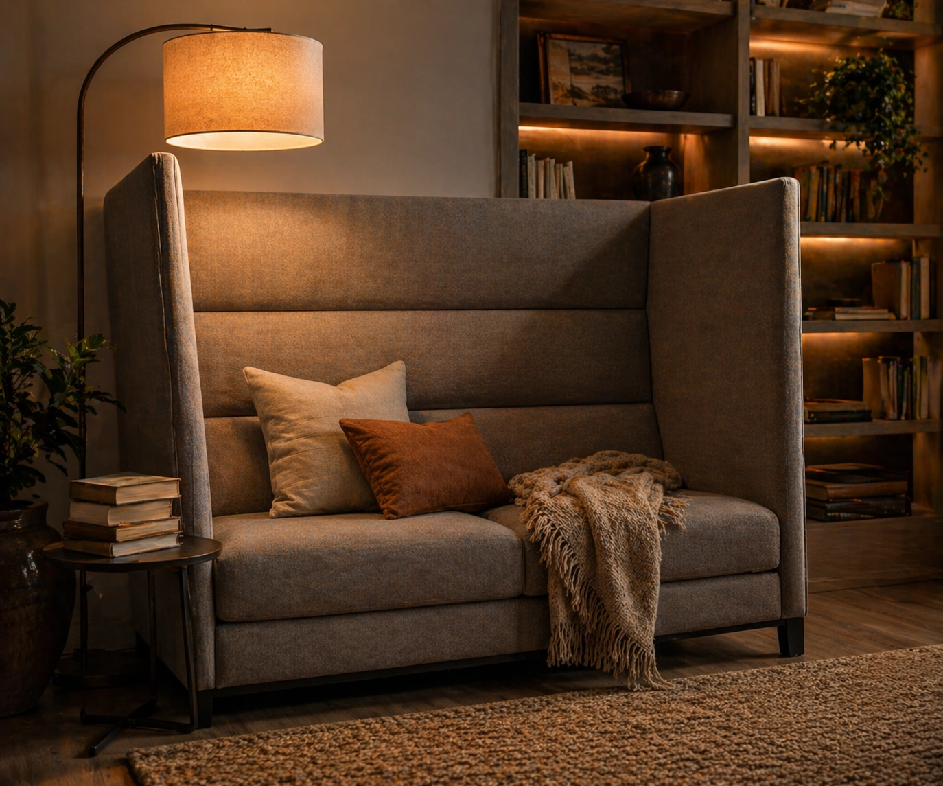 Cozy reading nook with a high back sofa and bookshelf