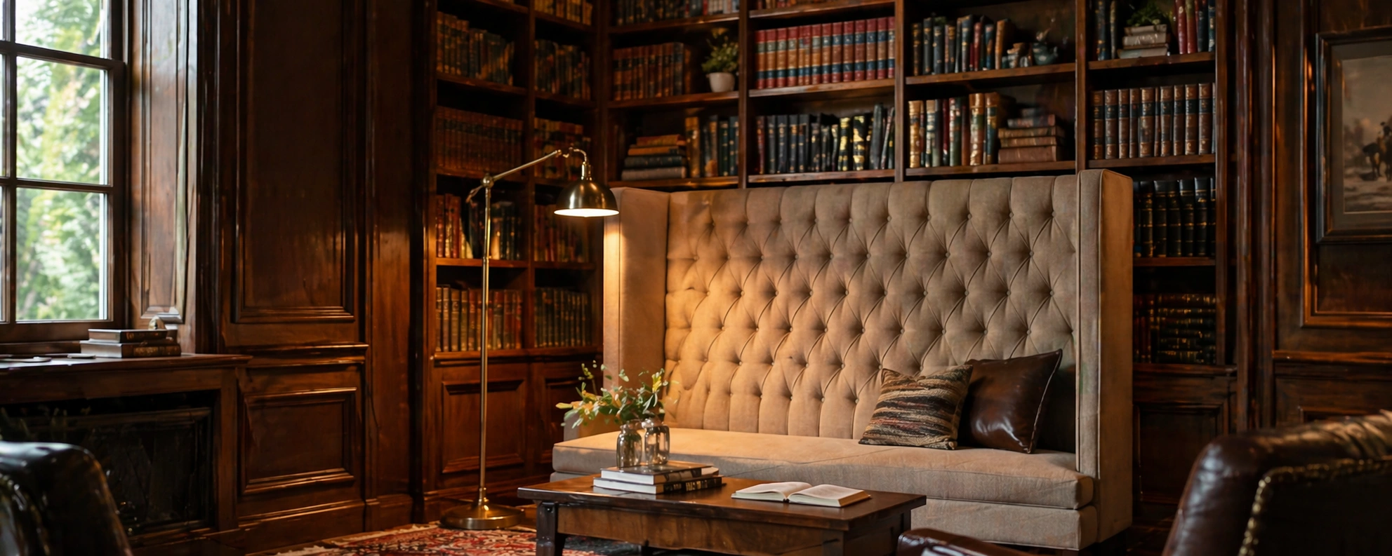 High back sofa in a library or reading room setting