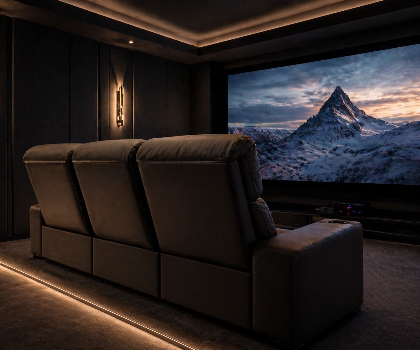 High back sofa in a home theater room