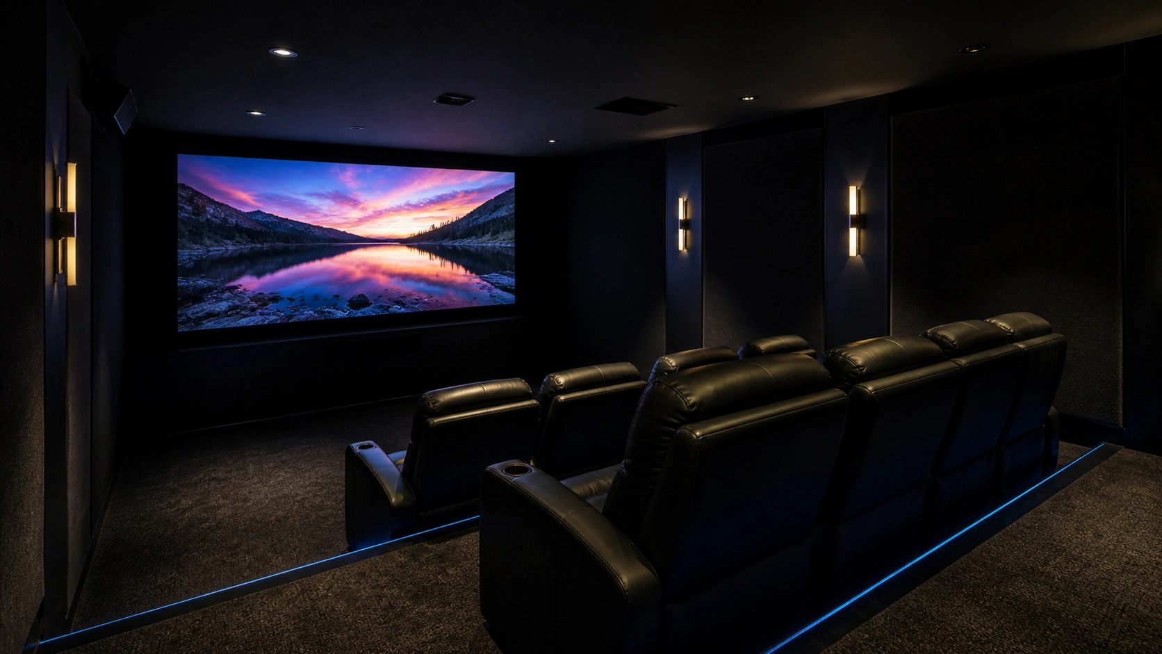 Dark home theater room with dedicated reclining sofa seating facing a large projection screen