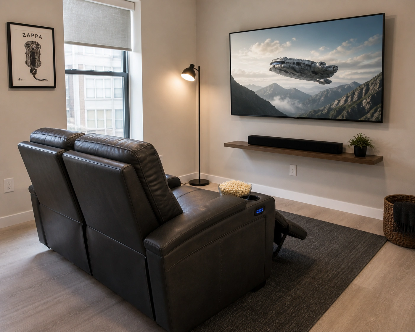Compact loveseat seating in a small apartment home theater setup