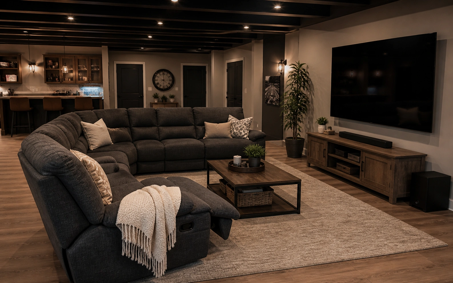 L-shaped sectional sofa in a basement home theater and media room