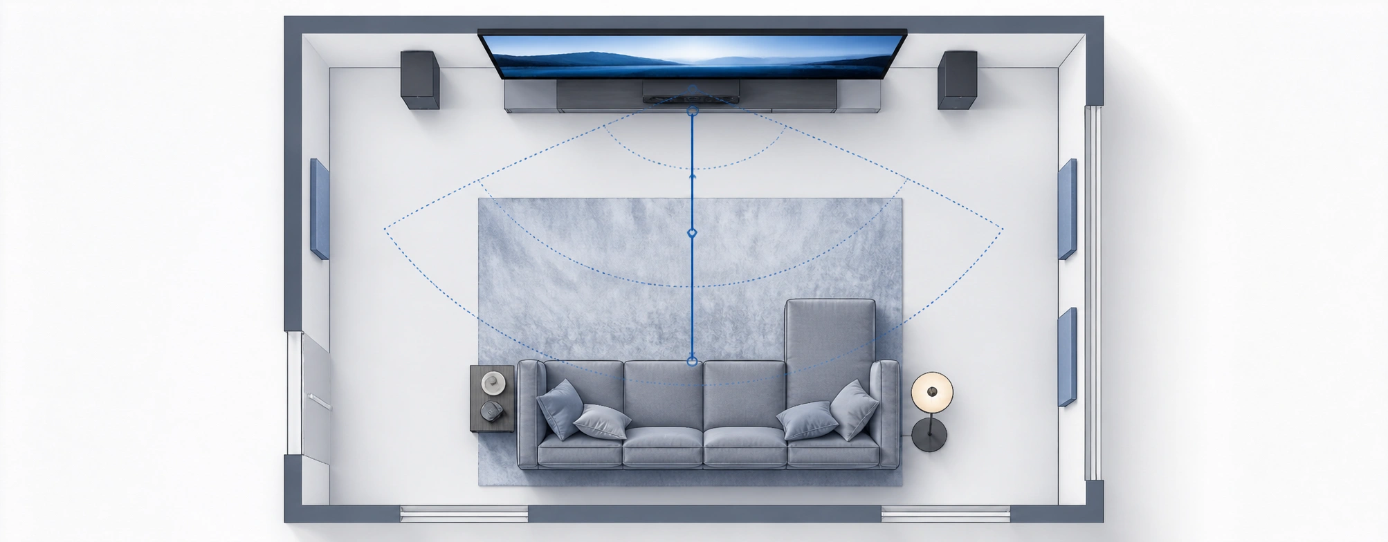 Top-down diagram showing optimal sofa positioning distances from TV screen in home theater room